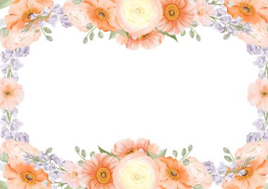 Bahar çiçekleri yatay kare çerçevesi Ranunculus ve İzlanda gelincik çiçekleri Freesia, Peach veya Cherry ve Snow Willow şubelerinden. Suluboya elle boyanmış kart şablonu. Kartlar için, kaydet