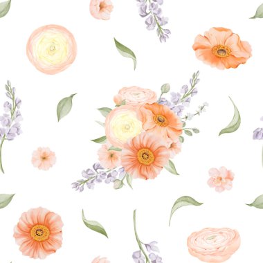 Bahar çiçekleri pürüzsüz desen. Elle çizilmiş İzlanda Poppy, Ranunculus, Freesia ve Peach veya Kiraz Çiçeği Resimleri. Kumaş veya tekstil baskıları için hediye paketi kağıdı.