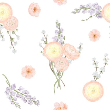 Ranunculus ve Freesia ile kusursuz desen, Willow dalları. El çizimi, Bahar Çiçekleri 'nin Suluboya Çizimi. Kumaş veya tekstil baskıları için hediye paketi kağıdı.