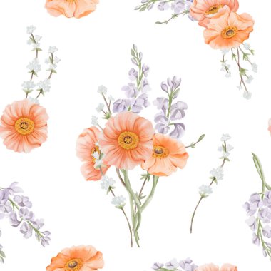 İzlanda Poppy, Freesia ve Kar Söğüt Dalları ile kusursuz desen. El çizimi, Bahar Yaban Çiçekleri 'nin suluboya resmi. Kumaş veya tekstil baskıları için hediye paketi kağıdı
