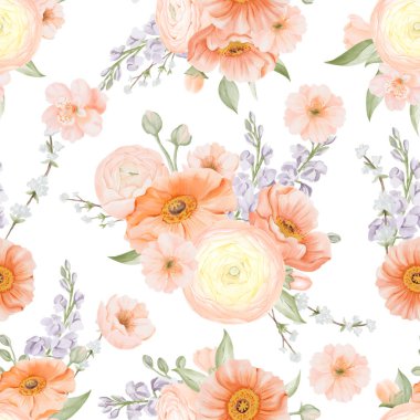 Bahar çiçekleri pürüzsüz desen. Elle çizilmiş Ranunculus, İzlanda Poppy, Freesia ve Peach veya Kiraz Çiçeği Resimleri. Kumaş veya tekstil baskıları için hediye paketi kağıdı.