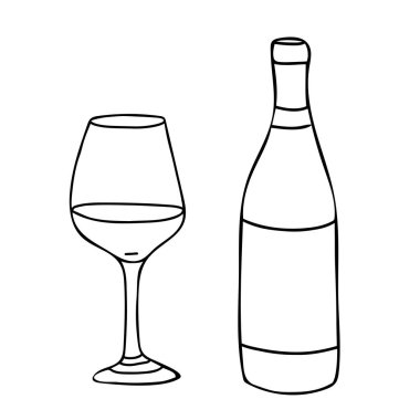 Kırmızı Şarap Şişe ve Cam. El çizimi Sketch Vector çizimi, siyah beyaz sanat. Doodle tarzında alkollü içecek bardağı. Bar menüsü, logo, kart veya poster tasarımı için