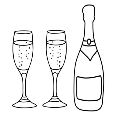 Şampanya ya da köpüklü şarap kadehi ve karalama tarzında şişe. Beyaz arkaplanda izole edilmiş vektör minimalist illüstrasyon. Doodle tarzı. Satır sanatı