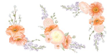 Köşedeki Buketler Seti. İzlanda Poppy, Ranunculus, Freesia ve Peach veya Cherry şubeleri. Suluboya el, beyaz arka planda izole edilmiş pastel renklerde bahar çiçeklerinin botanik çizimi
