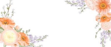 Bahar Çiçeği suluboya afişi, tasarım çerçevesi. Ranunculus ve İzlanda gelincik çiçekleri, Freesia, Peach veya Cherry ve Snow Willow şubeleri. Beyaz arkaplanda el çizimi botanik illüstrasyon