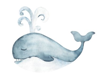 Çeşmeli sevimli, gülümseyen mavi balina. Sualtı dünyası suluboya el beyaz arka planda izole edilmiş bir resim çizdi. Kartlar, posterler, çocuk tekstil baskıları için deniz hayvanı