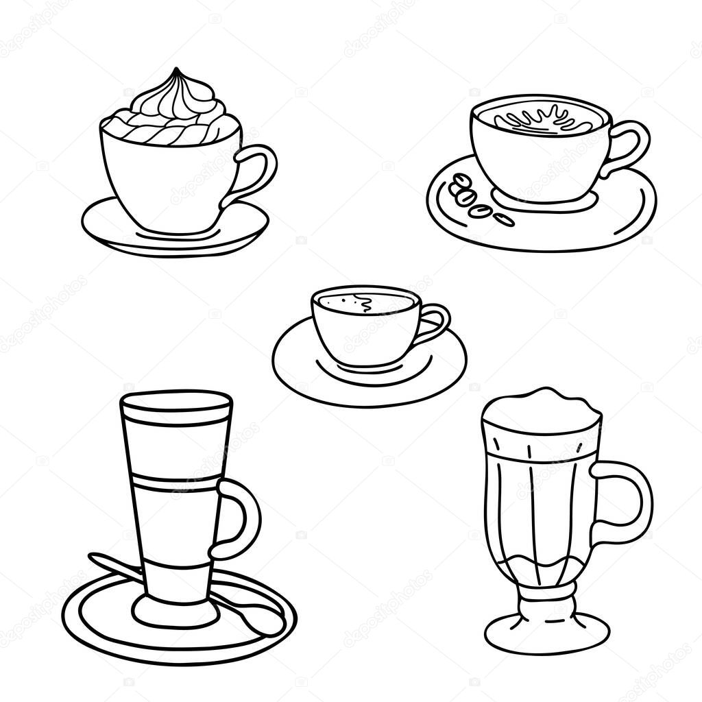 Coffee Set. Cappuccino, Americano or Espresso, with whipped Cream, Latte, Irish or Iced Coffee cocktail cups. Ink drawing in Doodle style. Ideal for beverage branding, cafe menu and graphic design