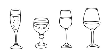 Şarap kadehleri seti. Beyaz ve Kırmızı, Şampanya veya Köpüklü Şarap Kadehi, Roma Bardağı. El çizimi Vektör çizimi, çizgi sanatı, Doodle tarzı. Bar menüsü, logo, kartlar için