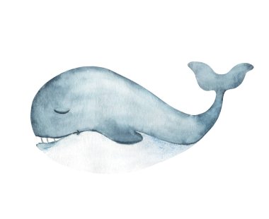 Şirin gülümseyen mavi balina. Deniz, okyanus hayvanı Watercolor Hand beyaz arka planda izole edilmiş bir resim çizdi. Kartlar, posterler, çocuk tekstil baskıları için sualtı dünyası karakteri