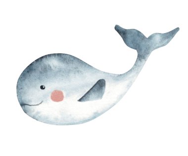 Bebek Balina. Beyaz bir arka planda izole edilmiş sevimli gülümseyen Sualtı Dünyası karakteri. Suluboya El, kartlar, posterler, çocuk tekstil baskıları için Deniz Hayvanı 'nın resimlerini çizdi