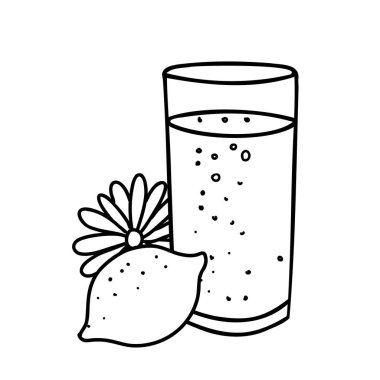 Limonata Kompozisyonu. Limonlu Fruit ve Daisy Flower 'lı bardak. Arka planda izole edilmiş yaz ferahlatıcı içecek illüstrasyonu. Doodle tarzında siyah beyaz çizim. Restoran menüleri için