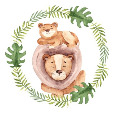 Yavrusu tropik yaprak çelenginde yatan sevimli aslan babası. Babalar Günü, Aile Günü İllüstrasyonu. Suluboya el, beyaz arka planda izole edilmiş Safari hayvan kompozisyonu çizdi. Kartlar ve posterler için mükemmel.