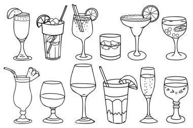 Alkolik içecek seti. Kokteyl, şarap, viski, konyak. Doodle tarzında elle çizilmiş Vektör çizimi. Restoran menüleri ve grafik tasarım projeleri için.