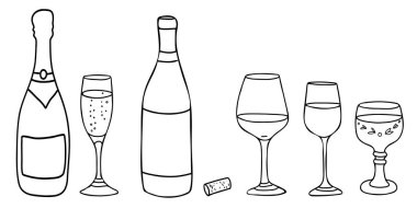 Şarap seti. Beyaz ve kırmızı, şampanya ya da köpüklü şarap bardakları ve şişeler. El çizimi Vektör çizimi, çizgi sanatı, Doodle tarzı. Bar menüsü, logo, kartlar için