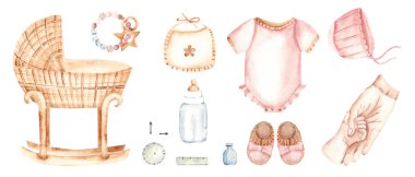 Yeni doğan bebek seti. Beşik, oyuncaklar ve şirin bebek aksesuarları, ölçüler, pastel renkli Anne ve Bebek Elleri. Eko tarzında suluboya el çizimi. Davetiyeler, cinsiyet partisi, bebek partisi, tebrik kartları, çocuk posterleri,