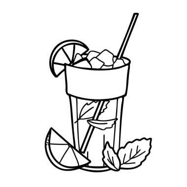 Mojito kokteyli ya da buzlu limonata bardağı ve bir dilim limon ve nane yaprağı. Yaz içeceği kompozisyonu. Elle çizilmiş vektör çizimi Doodle tarzında izole edilmiş. Kokteyl barı menüsü, logo ya da yaz partisi davetiyeleri için.