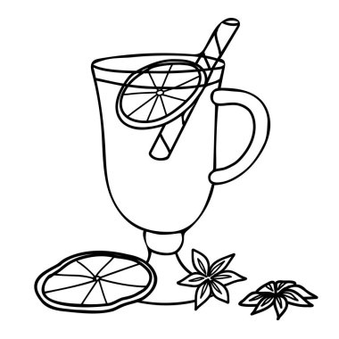 Sıcak şarap karışımı. Kurumuş Portakal Dilimi ve Anason yıldızlı Gluhwein camı. Siyah ve Beyaz el çizimi vektör çizimi çizimi. Doodle tarzı. Kafe, bar menüsü, ambalaj, Noel, yeni yıl ve kış tasarımları için kış içeceği koleksiyonu