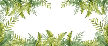 Tropikal Yapraklar 'dan suluboya kare çerçeve, afiş. Okaliptüs, Monstera ve Muz Ayası. El çizimi botanik orman çizimi. Tebrik kartları, davetiyeler ve egzotik tasarımlar için ideal