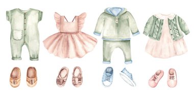 Erkek ve Kız İçin Bebek Giysileri ve Ayakkabıları Seti. Suluboya El, beyaz arka planda izole edilmiş Vintage tarzında çocukların resimlerini çizdi. Tasarım elementleri cinsiyet partisi davetiyesi, yeni doğan posteri, doğum günü ve bebek partisi kartları.