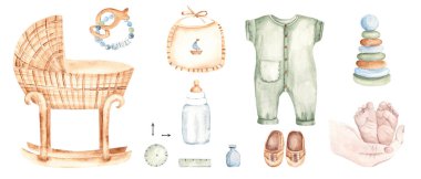 Yeni doğan bebek seti. Beşik, oyuncaklar ve şirin bebek aksesuarları, ölçüler, pastel renkli anne ve bebek ayakları. Eko tarzında suluboya el çizimi. Davetiyeler, cinsiyet partisi, bebek partisi, tebrik kartları, bebek odası posterleri, çocuk eşyaları.