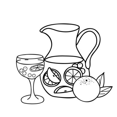 Sangria Kompozisyon. Kokteyl bardağı ve sürahi ya da portakallı sürahi. Çeşitli meyve ve böğürtlenli yaz içeceği. Arka planda, Doodle tarzında elle çizilmiş İspanyol içeceği illüstrasyonu var. Kokteyl barı menüsü, logo veya