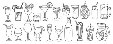 İçkiler hazır. Kokteyl, şarap, viski ve konyak. Limonata, su, soda, milkshake, buzlu çay ve meyve püresi. Doodle tarzında elle çizilmiş Vektör çizimi. Restoran menüleri ve grafik tasarım projeleri için