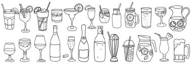 İçkiler hazır. Kokteyl, şarap, bira ve viski. Limonata, milkshake, su, soda, buzlu çay ve meyve püresi. Doodle tarzında elle çizilmiş Vektör çizimi. Restoran menüleri ve grafik tasarım projeleri için içecekler