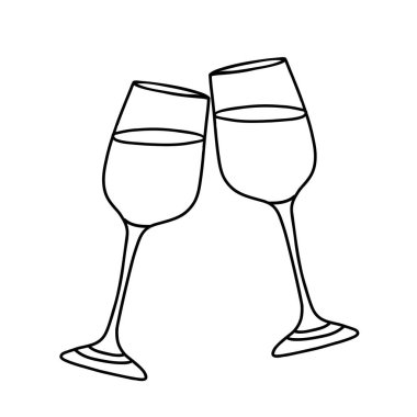İki beyaz şarap bardağı. Çizim tarzında vektör el çizimi. Alkol içeceği, bardaklık. Bar menüsü, logo, kart veya poster tasarımı için