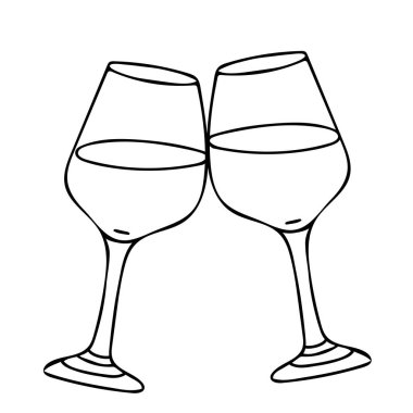 İki kırmızı şarap bardağı. Çizim tarzında vektör el çizimi. Alkol içeceği, bardaklık. Bar menüsü, logo, kart veya poster tasarımı için