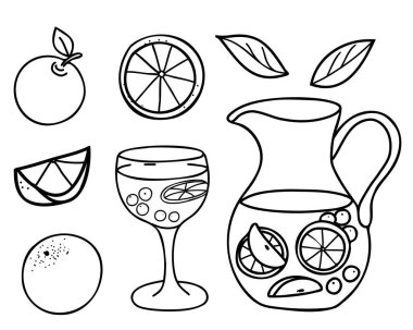 Sangria Set. Kokteyl bardağı ve sürahi ya da portakal ve elma meyveli sürahi. Yaz ferahlatıcı içecek. Arka planda, Doodle tarzında elle çizilmiş İspanyol içeceği illüstrasyonu var. Kokteyl barı menüsü, logo veya parti davetleri için