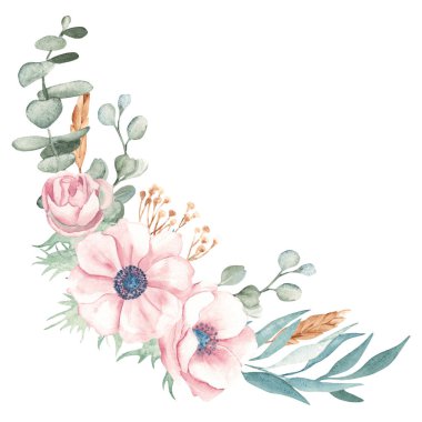 Anemone, Okaliptüs Dalları, Kuru sarı Tansy ve Çavdar ya da Çavdar Ekmeği içeren çiçek kompozisyonu. Suluboya El, beyaz arka planda izole edilmiş çiçek kompozisyonu çizdi. Doğum günü kartları, düğün davetiyesi, tarihi kaydet.