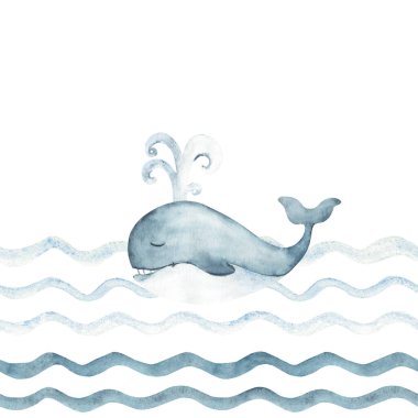 Okyanus dalgalarında yüzen tatlı mavi balinayla kusursuz deniz sınırı. Çocuk duvar kağıdı veya deniz tasarımı için el çizimi illüstrasyon
