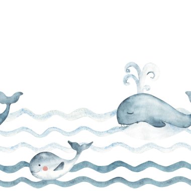 Okyanus dalgalarında yüzen mavi balina ailesi ile kusursuz sınır deseni. Çocuk duvar kağıdı veya deniz tasarımı için el çizimi illüstrasyon