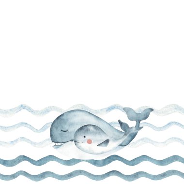 Denizci çocuklar okyanus dalgalarında yüzen mavi balinaların aileleriyle, yetişkinleriyle ve çocuklarıyla kusursuz sınır desenleri var. Çocuk duvar kağıdı veya deniz tasarımı için el çizimi illüstrasyon