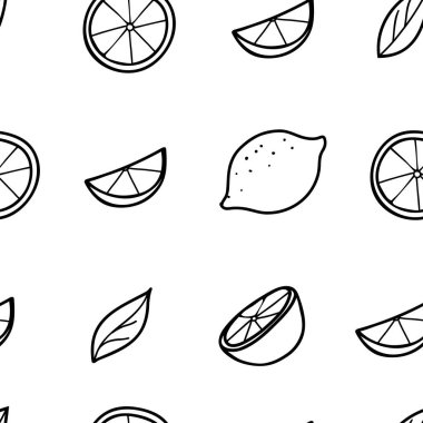 Limonlu el, minimalist basit bir şekilde pürüzsüz desen çizmiş. Fruit and Cut Citrus Dilimlerinin siyah-beyaz çizimi. Kağıt, menü, kumaş için