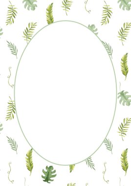 Tropik yaprak desenli suluboya kart şablonu. Yuvarlak yaz çerçevesi, sınır. Kartlar, posterler, parti davetiyeleri veya menü için mükemmel