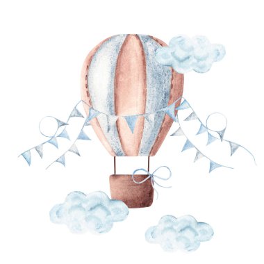 Bulutlarda uçuşan mavi flama ile suluboya Sıcak Hava Balonu. Beyaz arka planda izole edilmiş pastel renklerde el çizimi erkek bebek çizimi. Eski tarz. Çocuk eşyaları, kartlar ve posterler için. Bebek partisi ve doğum günü davetiyeleri.