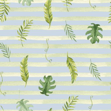 Yeşil çizgili, açık mavi arkaplanda Tropikal Yapraksız Kalıp. Palmiye, okaliptüs ve Liana ile canavar, yatay fırça darbeleri veya çizgiler. Suluboya El çizimi. Ambalaj kağıdı ve tekstil baskıları için