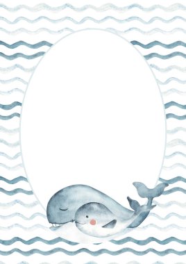 Tatlı mavi balina ailesinin denizde yüzdüğü suluboya oval çerçeve, okyanus dalgaları. Eski usul dairesel deniz kartı şablonu. El çizimi çizimi. Kartlar, posterler ve parti davetiyeleri için mükemmel.