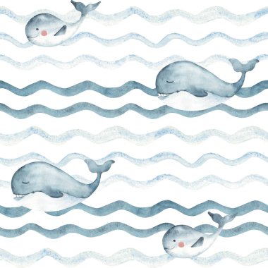 Mavi Balina ailesi, yetişkin ve çocuk, okyanus dalgalarında yüzüyor. Çocuk duvar kağıdı, tekstil ve ambalaj baskıları için el çizimi illüstrasyonuName