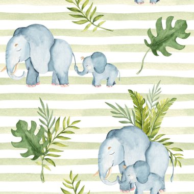 Şirin bir fil bebek, yetişkin ve yeşil çizgili arka planda tropikal yapraklı suluboya desenli. Safari Hayvanları çocuk tekstil baskıları, duvar kağıtları ve ambalaj kağıtları için el çizimleri