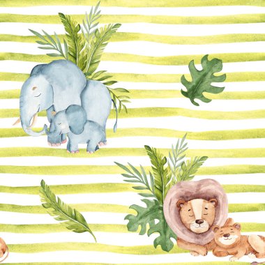 Tatlı fil, aslan, bebek, yetişkin ve yeşil çizgili yapraklı suluboya desenli. Safari Hayvanları çocuk tekstil baskıları, duvar kağıtları ve ambalaj kağıtları için el çizimleri.