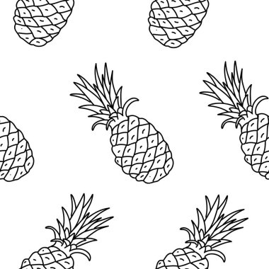 Ananaslı meyvesiz vektör deseni. Doodle tarzında egzotik meyve çizimi. Ambalaj kağıdı, tekstil baskısı, duvar kağıdı, yaz tasarımları için