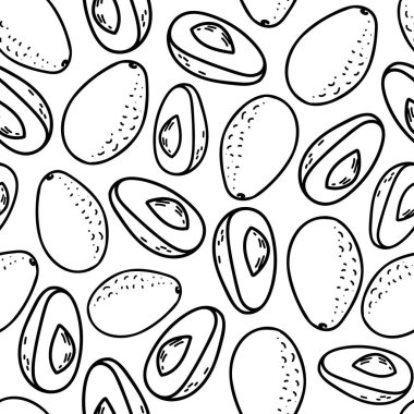 Avokado karalama stilinde kusursuz desen. El çizimi siyah-beyaz çizgi çizimi, beyaz arka planda izole edilmiş meyve ve dilimler. Ürün ambalajı, menü ve kumaş baskıları için