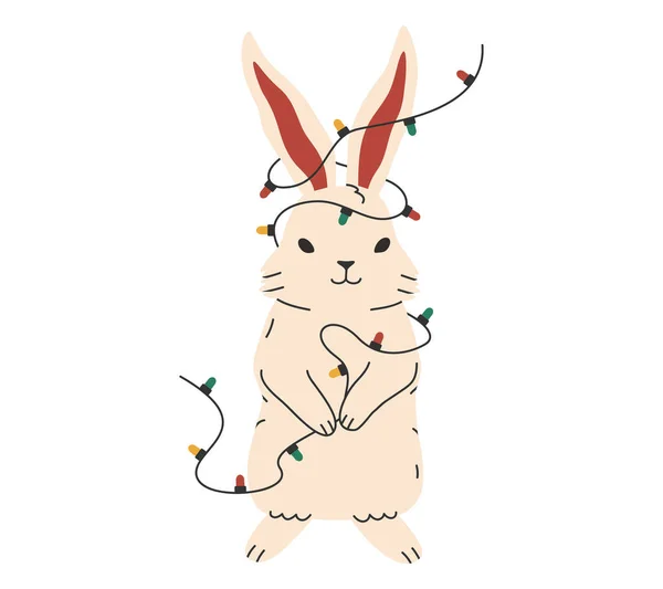 手绘了一幅可爱的卡通画 画的是头戴花环的圣诞兔子 平面矢量中国黄道带字符贴纸的彩色涂鸦风格 圣诞节图标或印刷品 以背景为由隔离 — 图库矢量图片