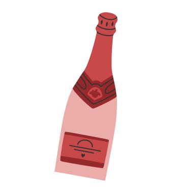 Şampanya ya da köpüklü şarap şişesinin el çizimi hoş bir çizimi. Düz vektör Noel alkollü içecek etiketi. Renkli karalama stiliyle. Yeni yıl, Xmas simgesi ya da baskısı. Arkaplanda izole.