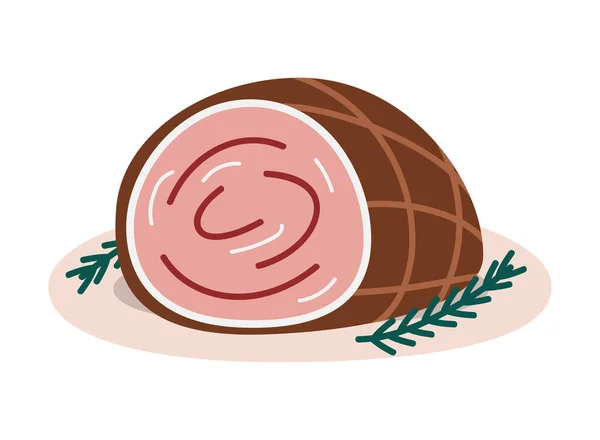 stock vector Hand drawn cute cartoon illustration of roast beef. Flat vector Christmas traditional baked ham sticker in colored doodle style. New Year, Xmas icon or print. Isolated on background.