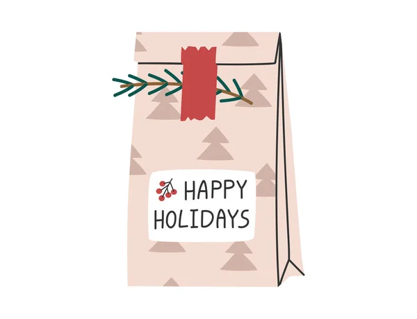 Hand Drawn Cute Illustration Paper Gift Bag Pine Branch Christmas — Stock Vector