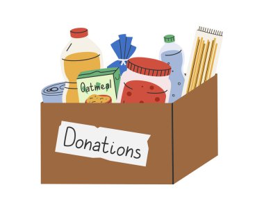 Hand drawn cute illustration of food donation box. Flat vector giving oil, porridge, canned goods to charity in simple colored doodle style. Philanthropy, volunteer sticker, icon or print. Isolated. clipart