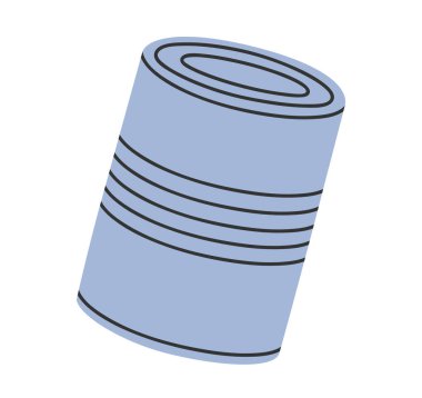 El çizimi, Tincan 'ın sevimli çizgi film çizimi. Düz vektör alüminyum teneke yiyecek kabı basit renkli karalama tarzında. Konserve yiyecek etiketi, ikon ya da baskı. Beyaz arkaplanda izole.